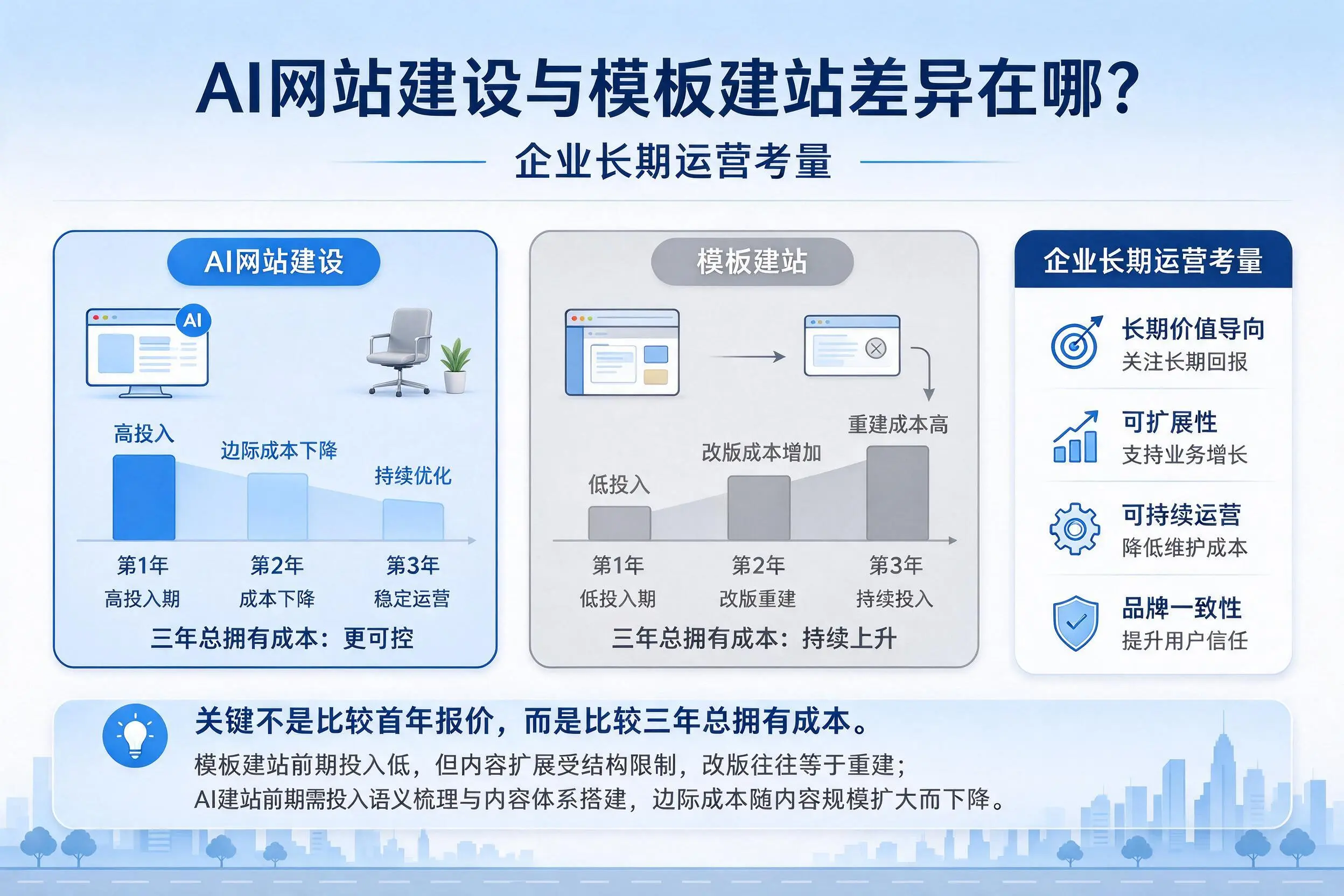 AI网站建设与模板建站差异在哪?锦州企业长期运营考量